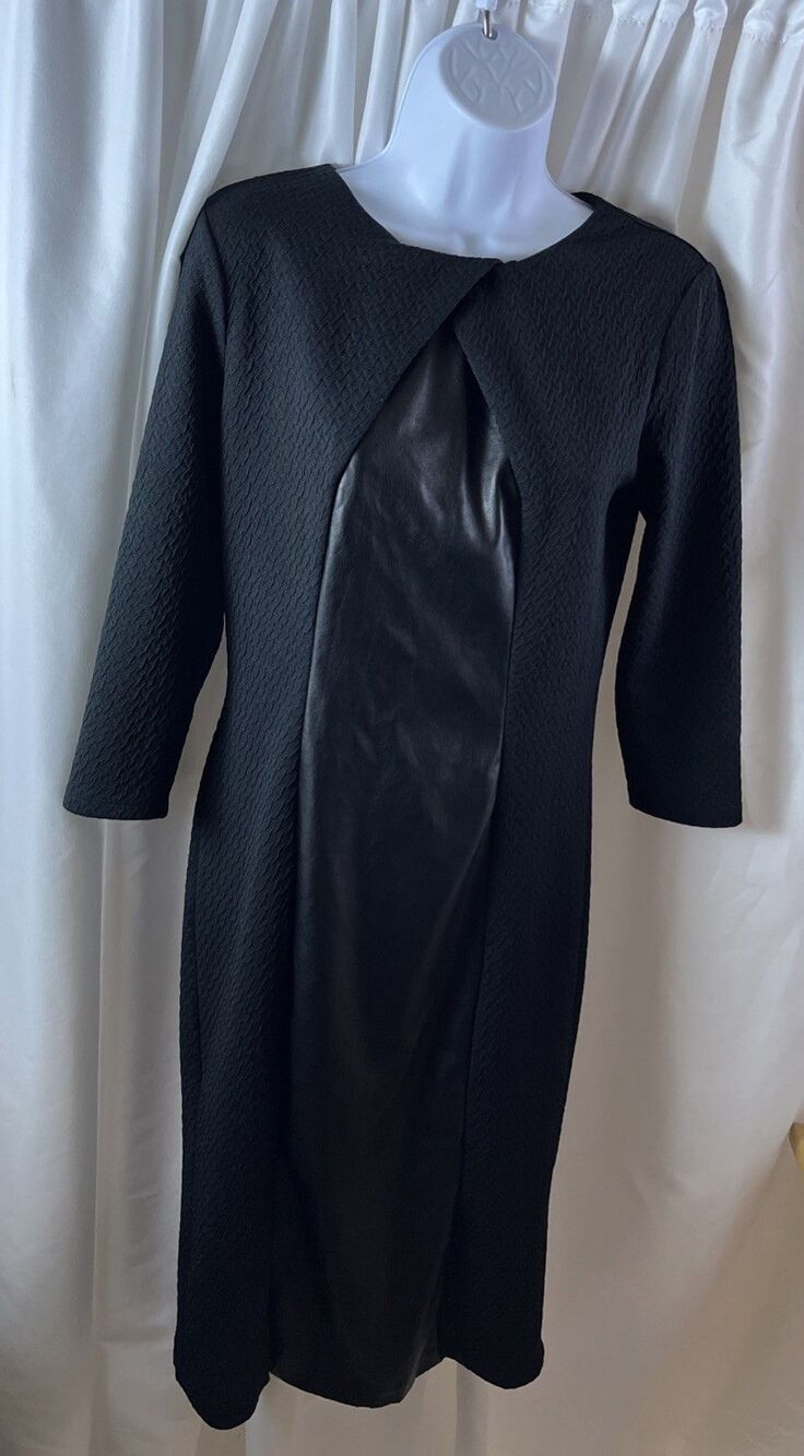 New York & Company Stretch Women’s Jacquard Black Faux Leather Midi Dress Size M